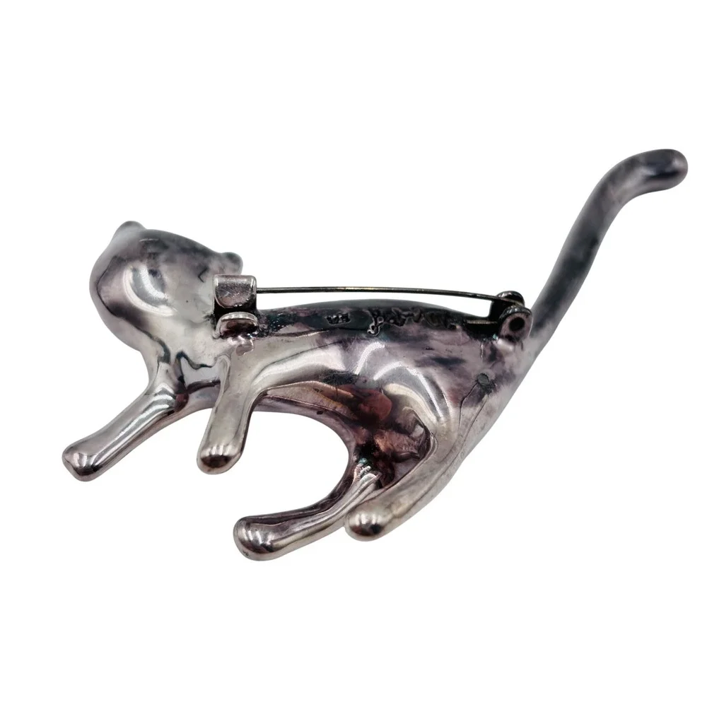 Vintage Taxco Mexico Sterling Silver 925 Arched Back Cat Brooch Pin Minimalist